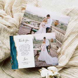 Tarjeta De Agradecimiento Boda Escritura Oro Ágata Azul Verde Teal