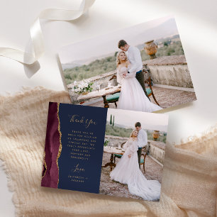 Tarjeta De Agradecimiento Boda Escritura Oro Azul Marino Ágata Borgoña Foto