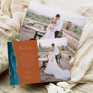 Tarjeta De Agradecimiento Boda Escritura Oro Oxidado Ágata Azul Teal Foto