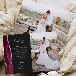 Tarjeta De Agradecimiento Boda Escritura Oscura Plata Ágata Borgoña Foto