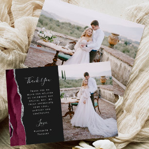 Tarjeta De Agradecimiento Boda Escritura Oscura Plata Ágata Borgoña Foto