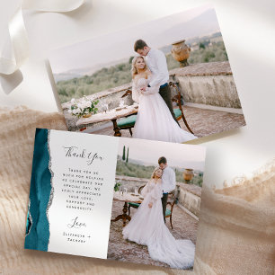 Tarjeta De Agradecimiento Boda Escritura Plata Ágata Azul Verde Teal Foto