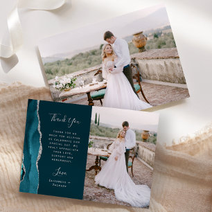 Tarjeta De Agradecimiento Boda Escritura Plata Ágata Azul Verde Teñido Foto