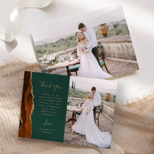 Tarjeta De Agradecimiento Boda Escritura Verde Oro Ágata Óxido Fotográfico