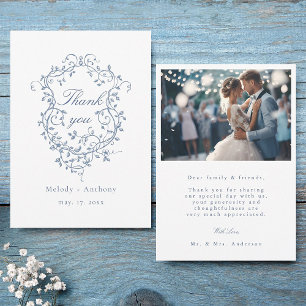 Tarjeta De Agradecimiento Boda Escudo de Floral Azul clásica francesa