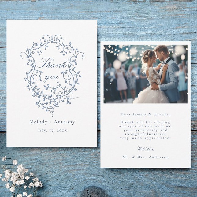 Tarjeta De Agradecimiento Boda Escudo de Floral Azul clásica francesa (Front & Back)