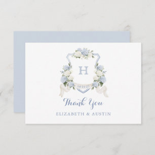 Tarjeta De Agradecimiento Boda Escudo de hidrangea azul floral Monograma