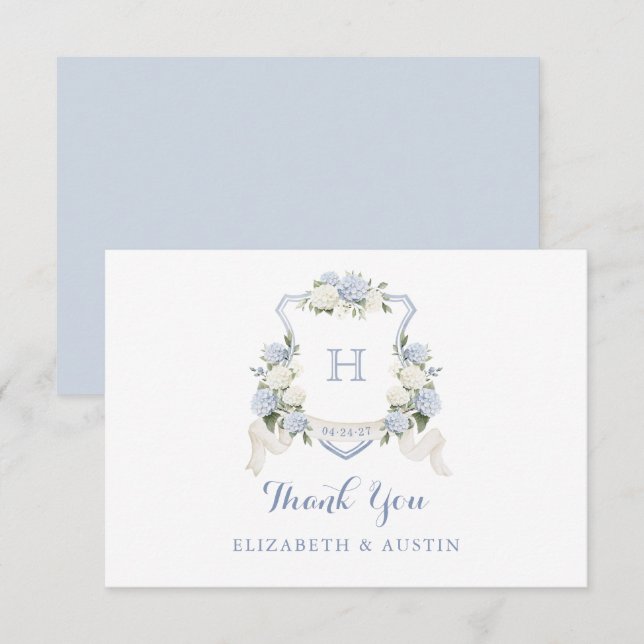 Tarjeta De Agradecimiento Boda Escudo de hidrangea azul floral Monograma (Anverso / Reverso)