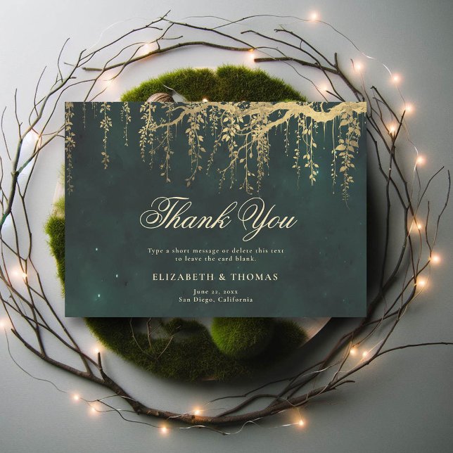 Tarjeta De Agradecimiento Boda Esmeralda de Vinos Magníficos Encantados por  (wedding thank you card enchanted forest fairytale gold vines calligraphy)