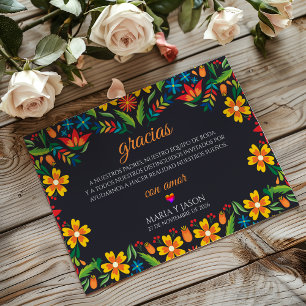 Tarjeta De Agradecimiento Boda Española Botánica Colorida Floral Negra