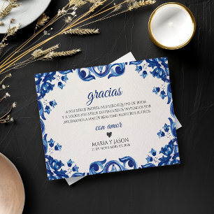 Tarjeta De Agradecimiento Boda Española Fiesta Floral Azul Elegante