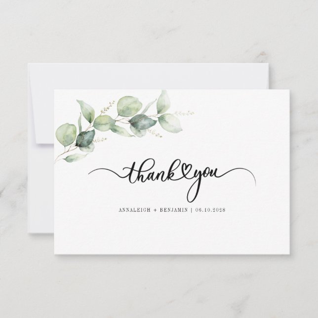Tarjeta De Agradecimiento Boda Eucalyptus Hand-Lettered Greenery (Anverso)