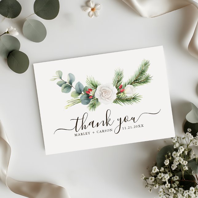 Tarjeta De Agradecimiento Boda Evergreen del guión de la vegetación de Boho (Subido por el creador)