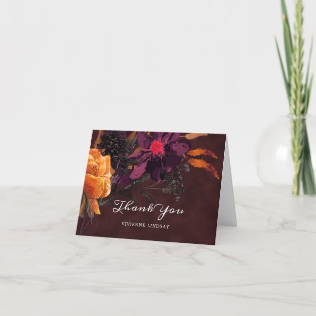Tarjeta De Agradecimiento Boda Fall Burgundy Red Floral (Anverso)