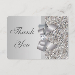 Tarjeta De Agradecimiento Boda Faux Silver Sequins Bow Gracias