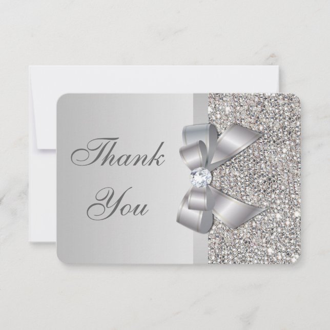 Tarjeta De Agradecimiento Boda Faux Silver Sequins Bow Gracias (Anverso)
