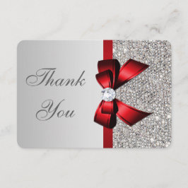 Tarjeta De Agradecimiento Boda Faux Silver Sequins Red Bow Gracias