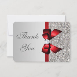 Tarjeta De Agradecimiento Boda Faux Silver Sequins Red Bow Gracias