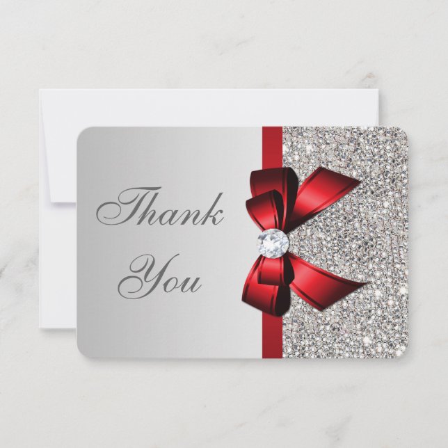 Tarjeta De Agradecimiento Boda Faux Silver Sequins Red Bow Gracias (Anverso)