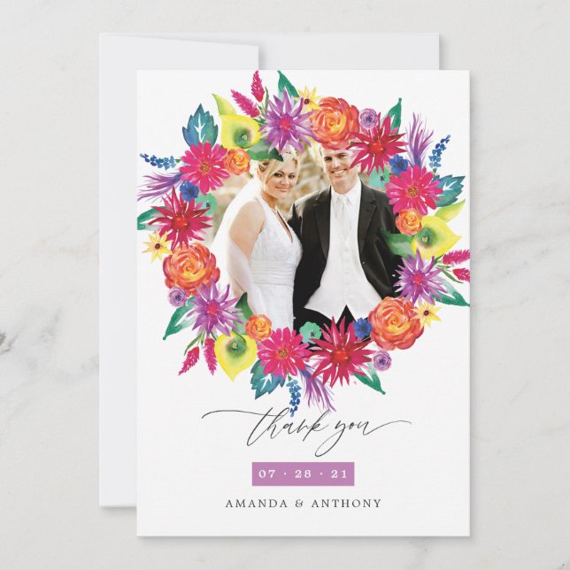 Tarjeta De Agradecimiento Boda Fiesta Floral Acuarela Foto (Anverso)