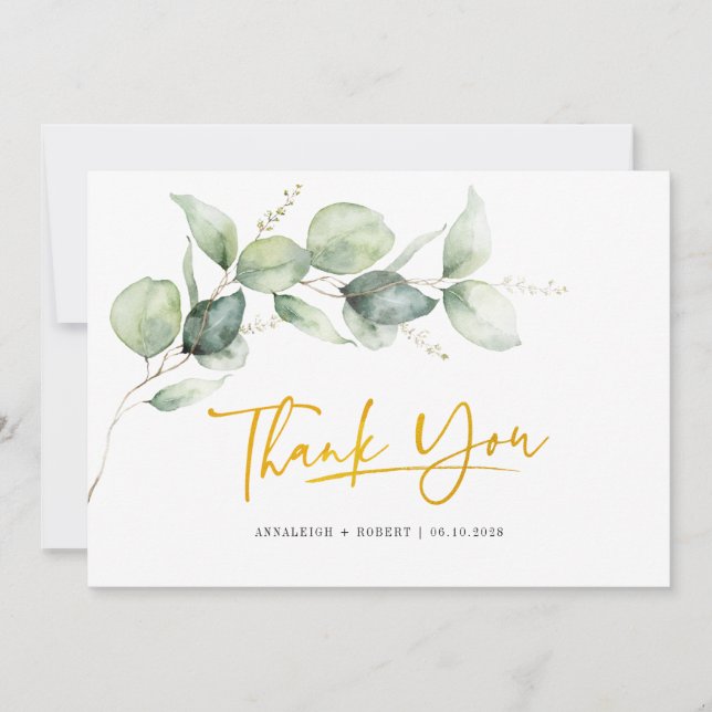 Tarjeta De Agradecimiento Boda fletada a mano de Eucalyptus Greenery Gold (Anverso)