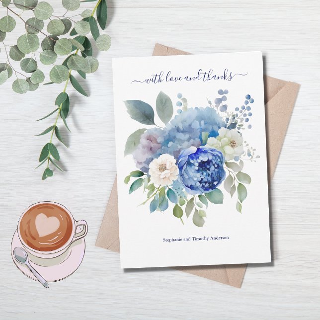 Tarjeta De Agradecimiento Boda floral acuarela azul blanco  (Subido por el creador)