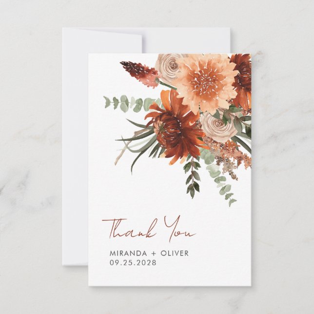 Tarjeta De Agradecimiento Boda floral acuarela boho óxido terracota (Anverso)