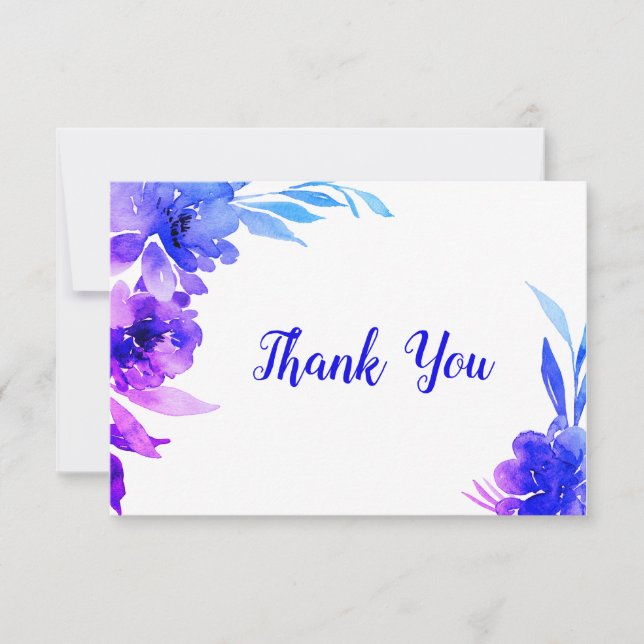 Tarjeta De Agradecimiento Boda floral acuarela ombre azul púrpura (Anverso)