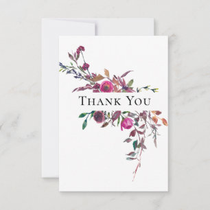 Tarjeta De Agradecimiento Boda floral acuarela verde con flores rosa y púrpu