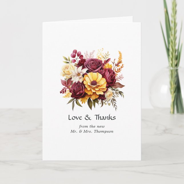 Tarjeta De Agradecimiento Boda floral amarillo y marrón (Anverso)