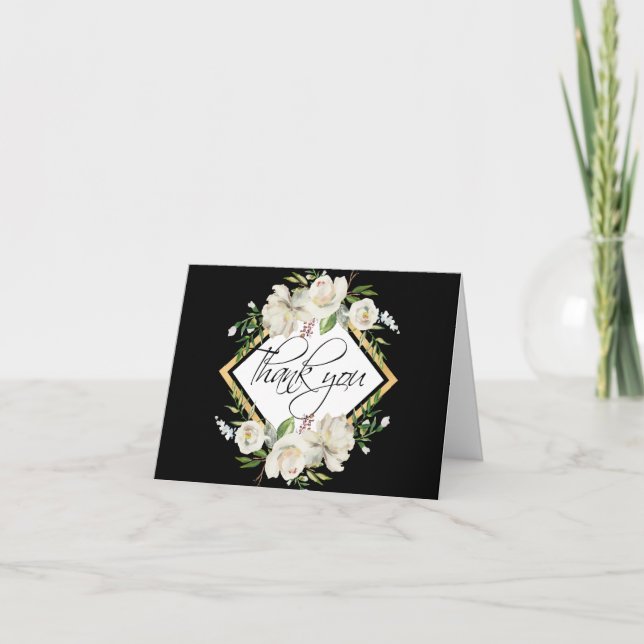 Tarjeta De Agradecimiento Boda Floral Antiguo Blanco Oro Negro | FOTO (Anverso)