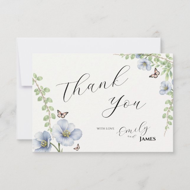 Tarjeta De Agradecimiento Boda Floral Azul (Anverso)