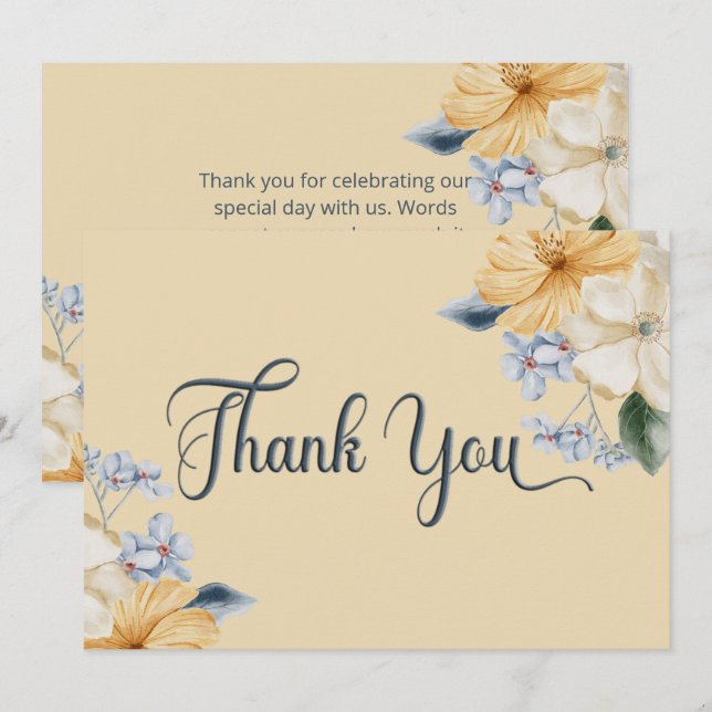 Tarjeta De Agradecimiento Boda floral azul amarillo y blanco (Anverso / Reverso)