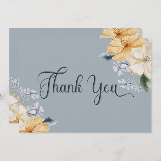 Tarjeta De Agradecimiento Boda floral azul amarillo y blanco (Anverso / Reverso)