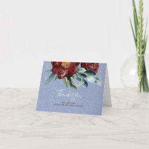 Tarjeta De Agradecimiento Boda Floral Azul Borgoña y Polvoriento Gracias
