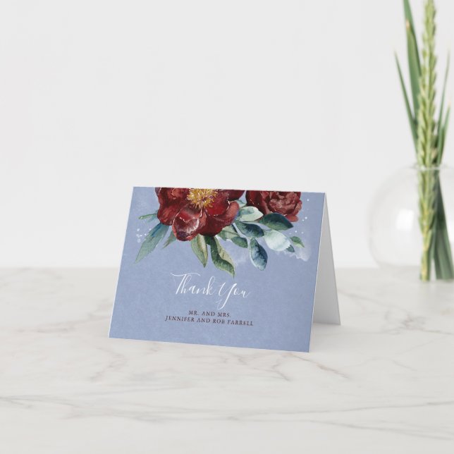 Tarjeta De Agradecimiento Boda Floral Azul Borgoña y Polvoriento Gracias (Anverso)
