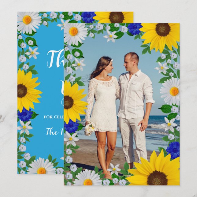 Tarjeta De Agradecimiento Boda floral azul cielo de verano (Anverso / Reverso)
