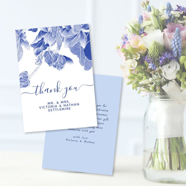 Tarjeta De Agradecimiento Boda floral azul clásico y moderno (Subido por el creador)