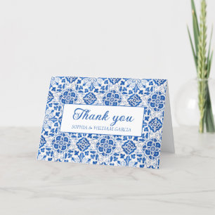 Tarjeta De Agradecimiento Boda Floral Azul de azulejos portugueses Gracias