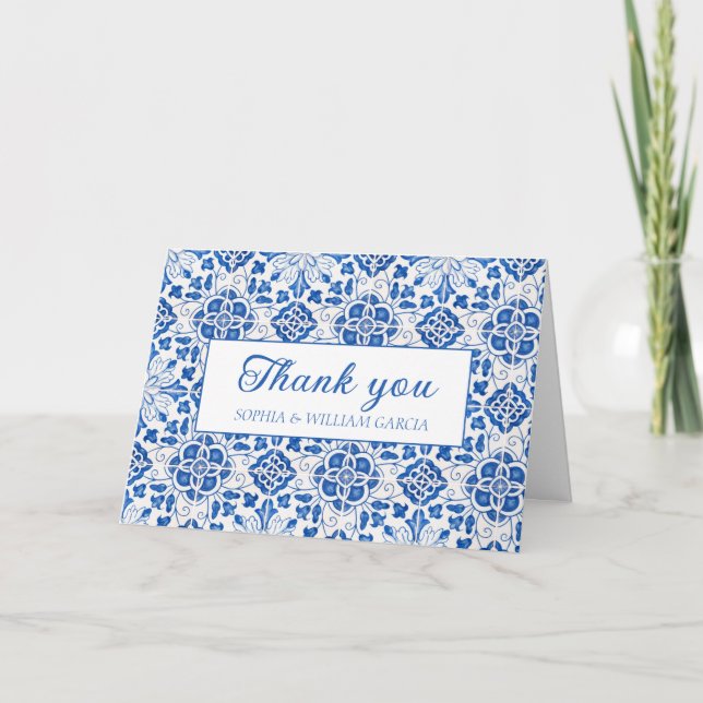 Tarjeta De Agradecimiento Boda Floral Azul de azulejos portugueses Gracias (Anverso)