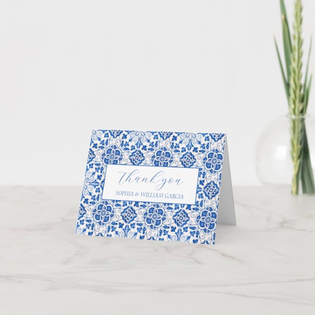 Tarjeta De Agradecimiento Boda Floral Azul de azulejos portugueses Gracias (Anverso)