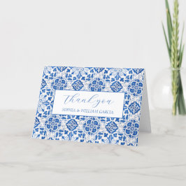 Tarjeta De Agradecimiento Boda Floral Azul de azulejos portugueses Gracias