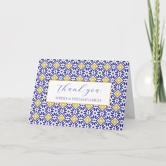 Tarjeta De Agradecimiento Boda Floral Azul de azulejos portugueses Gracias (Anverso)
