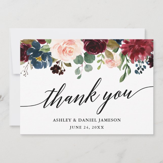 Tarjeta De Agradecimiento Boda Floral Azul de Borgoña (Anverso)
