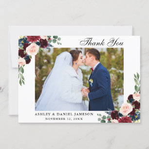 Tarjeta De Agradecimiento Boda Floral Azul de Borgoña Foto