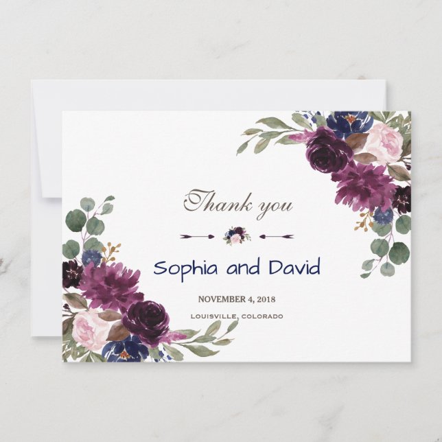 Tarjeta De Agradecimiento Boda Floral Azul de la Marina Lavender Gracias (Anverso)