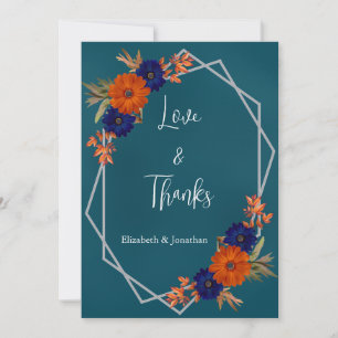 Tarjeta De Agradecimiento Boda floral azul de la Marina Naranja de otoño rus
