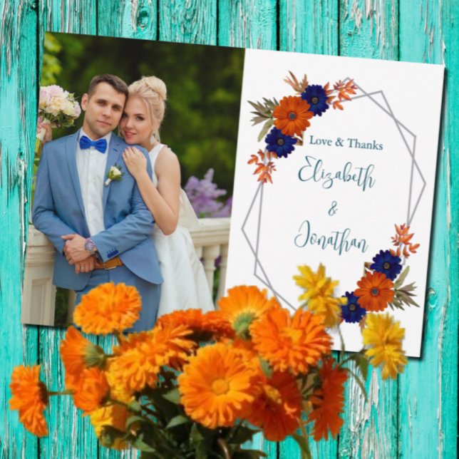Tarjeta De Agradecimiento Boda floral azul de la Marina Naranja de otoño rus (Subido por el creador)