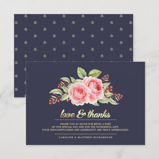 Tarjeta De Agradecimiento Boda Floral Azul de Marina Gracias Cartas (Anverso / Reverso)