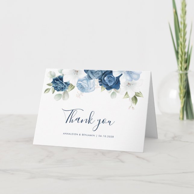 Tarjeta De Agradecimiento Boda Floral Azul Dusty (Anverso)